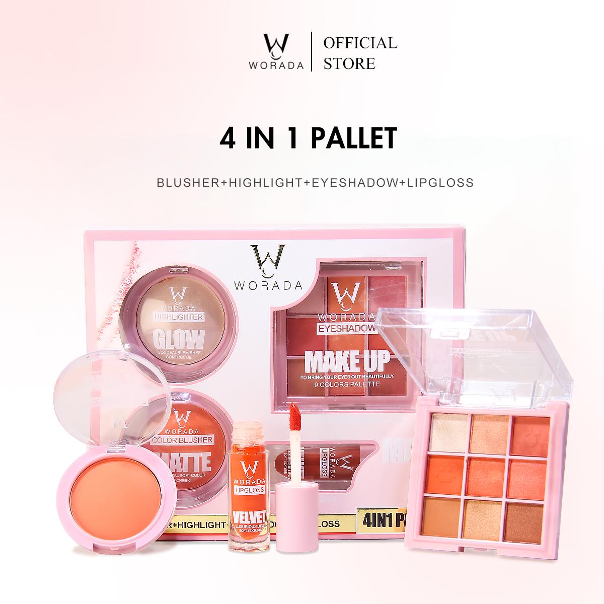 [FDA Approved] WORADA 4-piece makeup set high-color eyeshadow, matte lipstick, soft blush, fine shimmer highlighter Cosmetic
