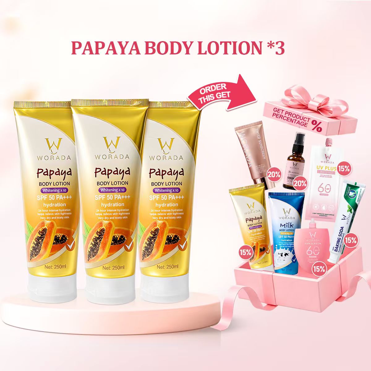 [Something Extra] WORADA SPF50 Body Sunscreen Lotion | 3 Pcs + Free Bonus Product | Whitening UV Protection Moisturizing | Lightweight Body Sunblock SPF50 Daily Protection