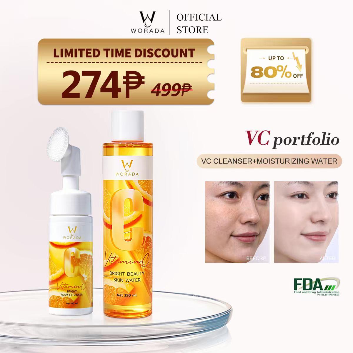【FDA Approved】Worada  2in1 Vitamin C Bright Foam Cleanser & Bright Beauty Skin Water Set for All Skin Types Exfoliate Radiance Moisturize Hydrate Lemon Facial Cosmetic Moisture Hydrating Cleansing Moisturizer