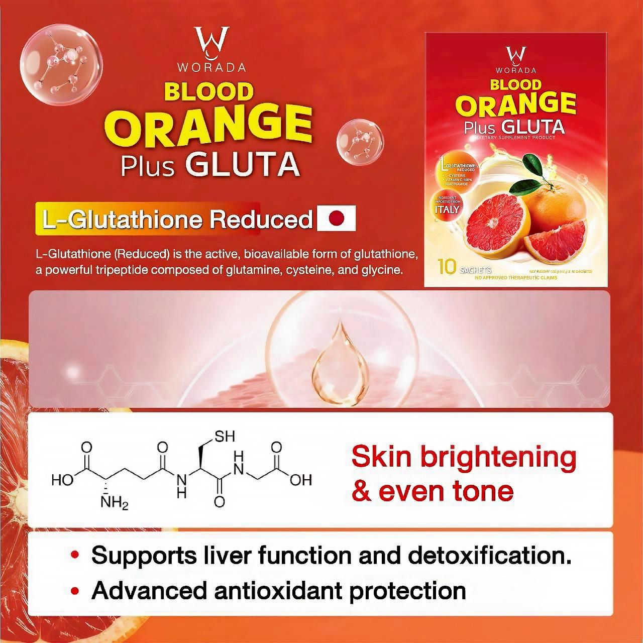 WORADA ITALY Imported Blood Orange Plus Gluta Glutathione Whitening Supplement Reveal Radiant Bright & Clear Skin from Within Premium Blood Orange Extract + Anti-Aging Detox & Inner Beauty Formula Dietary Italy Ingredients for Inner Beauty Formula Edible