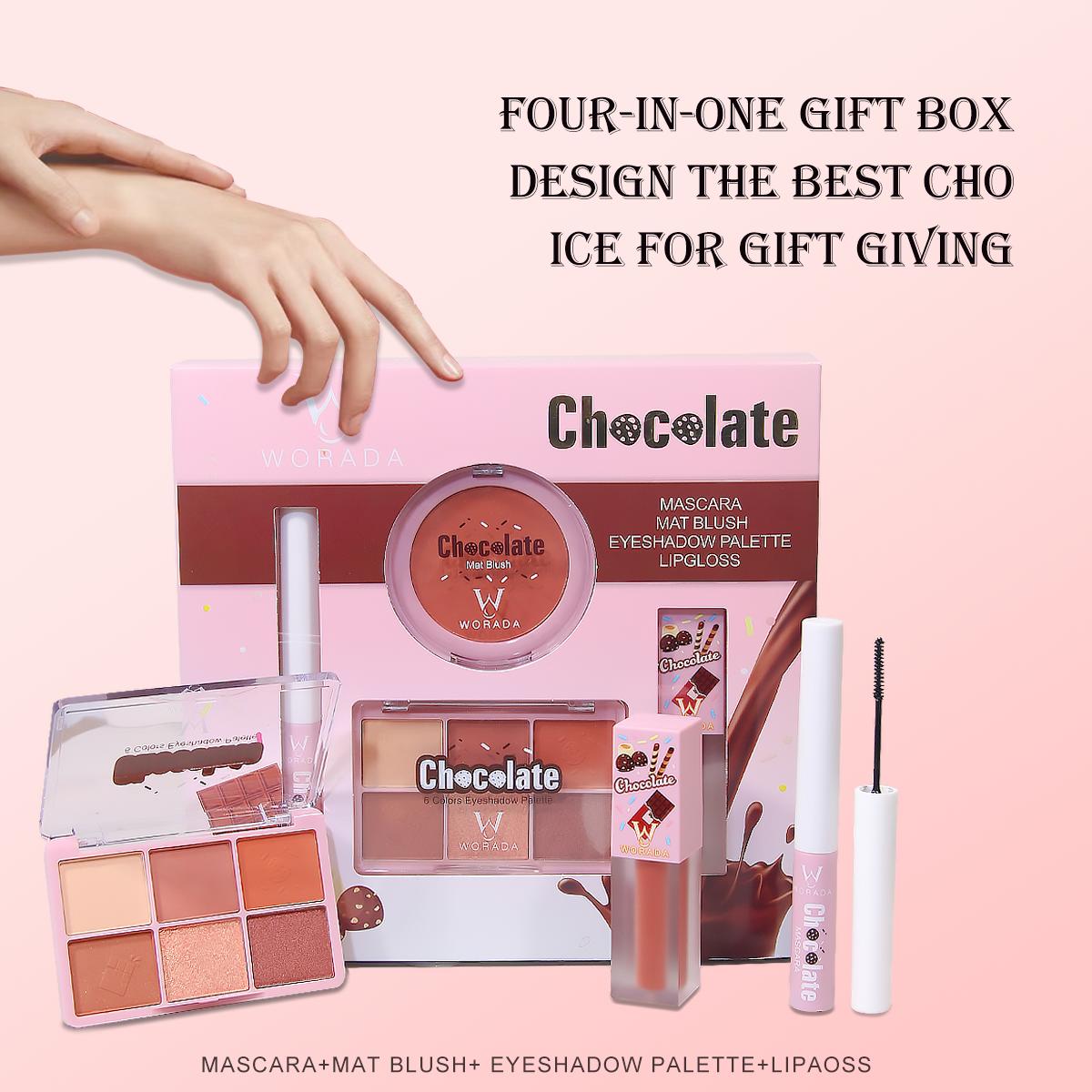 [FDA Approved] WORADA 4 in 1 Chocolate makeup set [eyeshadow 11g mascara 5ml lip gloss 4ml blush 5g] Flawless Makeup Cosmetic Suitable for all skin types mascara pallete make up face blush Eyeshadow lip gloss make up pallete lips  plant