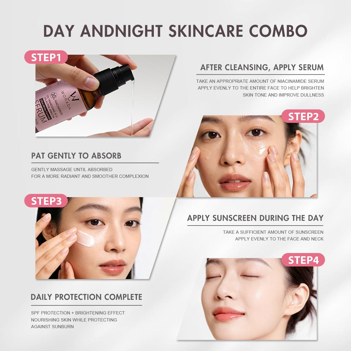 [FDA Approved] WORADA Niacinamide Serum 10% + SPF60 Sunscreen Set | Anti Acne Brightening Oil Control + Whitening Sunblock Waterproof Long Lasting UV Protection Hydrating Moisturizer Primer All Skin Types COD Buy 1 Take 1