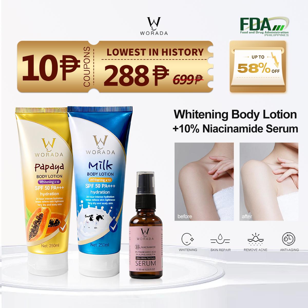 [FDA Approved] WORADA SPF50 Whitening Body Sunscreen+10% Niacinamide Serum, Moisturizes, Brightens Skin, Repairs, Lightweight Daily Lotion, Controls Oil, Reduces Acne, Blemishes & Redness, Fast Results, All Skin Types, UV Protection, Glutathione Whitening