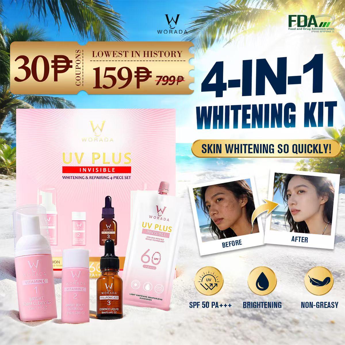 [FDA approved]WORADA 4-IN-1 Whitening Rejuvenating Set UV Plus Brightening Skin Care Kit with Vitamin C Foam Cleanser Hyaluronic Acid Essence SPF60 Sunscreen for All Skin Types Toner Soothing Repair Smooth Hydrating Moisture Moisturize  Hydrate Cleansing