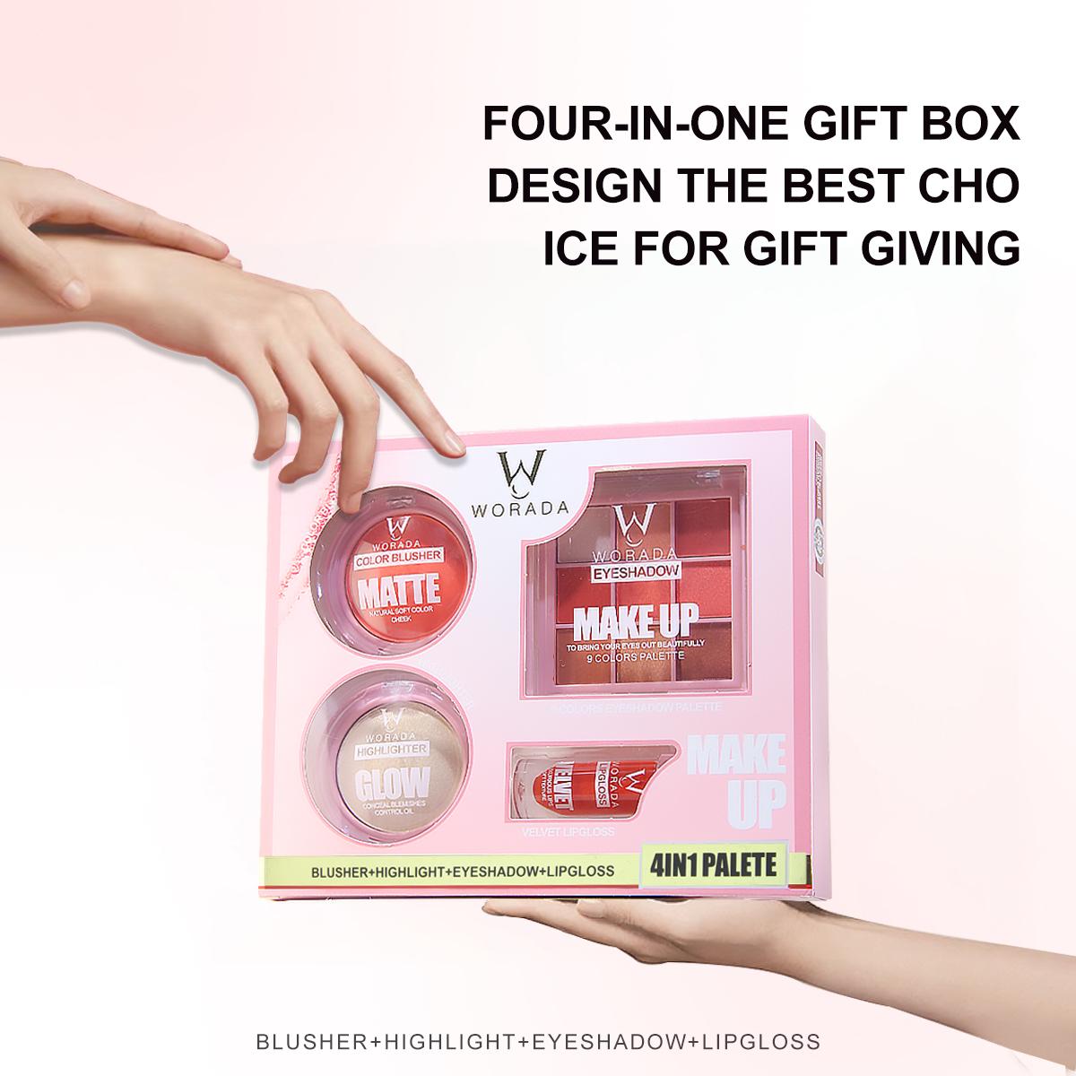 [FDA Approved] WORADA 4-piece makeup set high-color eyeshadow, matte lipstick, soft blush, fine shimmer highlighter Cosmetic