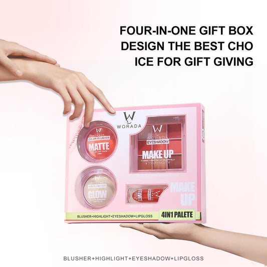 [FDA Approved] WORADA 4-piece makeup set high-color eyeshadow, matte lipstick, soft blush, fine shimmer highlighter Cosmetic