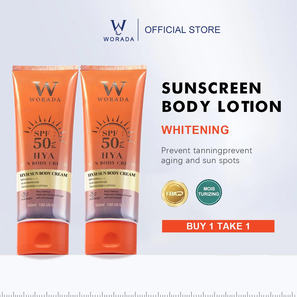 [FDA Approved] BUY 1 TAKE 1 WORADA HYA SUN BODY CREAM SPF50 Easy makeup Make skin white and bright soft and smooth WATERPOOF SUNSCREEN LOTION 100ML FOR All Skin Types Body Care Hydrating Waterproof Uv Pack Cosmetic Comfort Moisturizer Moisture Sunblock