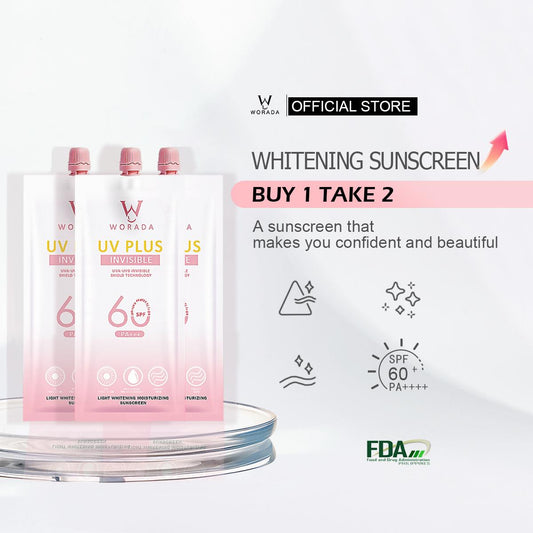 [FDA Approved] Buy 1 Take 2 WORADA New Upgraded Portable 3in1 SPF60+++ UV Plus Face Whitening Sunscreen 50g Free sleeping mask 1 box (20 pieces) Facial Hydrating Skincare Skin Repair Moisturizer Moisture Hydrate Comfort Soothing Pack Niacinamide Kojic