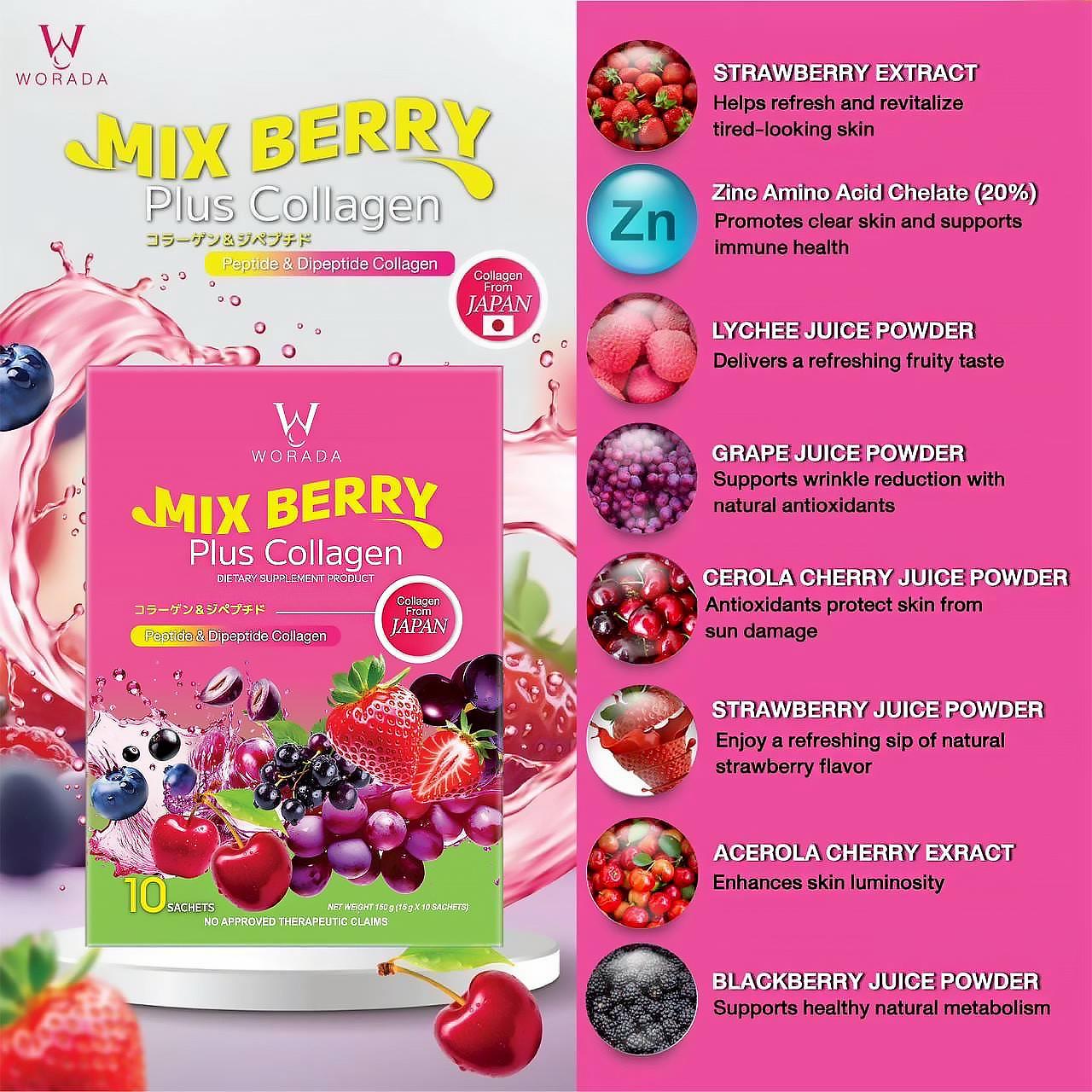 Worada New Japan Imported Collagen Peptide & Multi-Fruit Extract Supplement - Brightening & Firming, Deep Hydration, Fade Dark Spots, Improve Skin Elasticity, Mixed Berry Flavor, 10 Sachets - Dietary, Healthcare  Drink Beauty Edible