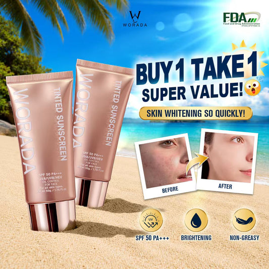 [FDA approved] Buy 1Take1 WORADA Tinted Sunscreen SPF50+++ Lightweight no white cast sun protection hydrating Vitamin E hydrating long-lasting for all skin types Gentle textureUse as a makeup primer sunscreenand gentle sunkissed Uv