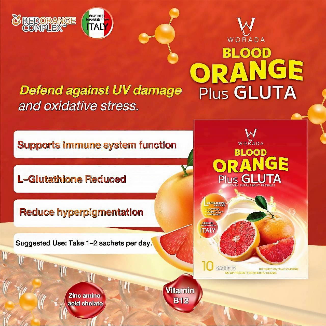 WORADA ITALY Imported Blood Orange Plus Gluta Glutathione Whitening Supplement Reveal Radiant Bright & Clear Skin from Within Premium Blood Orange Extract + Anti-Aging Detox & Inner Beauty Formula Dietary Italy Ingredients for Inner Beauty Formula Edible