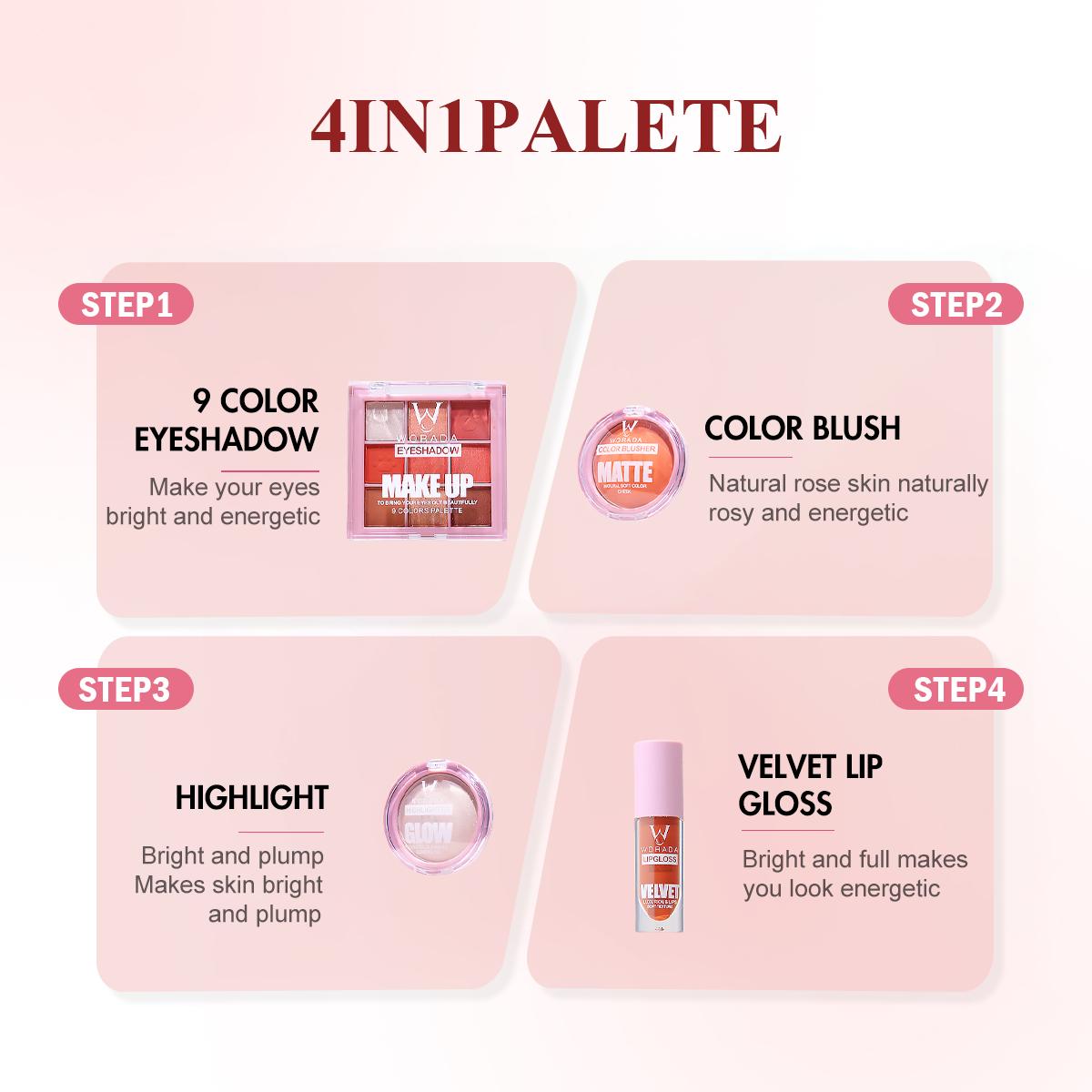 [FDA Approved] WORADA 4-piece makeup set high-color eyeshadow, matte lipstick, soft blush, fine shimmer highlighter Cosmetic