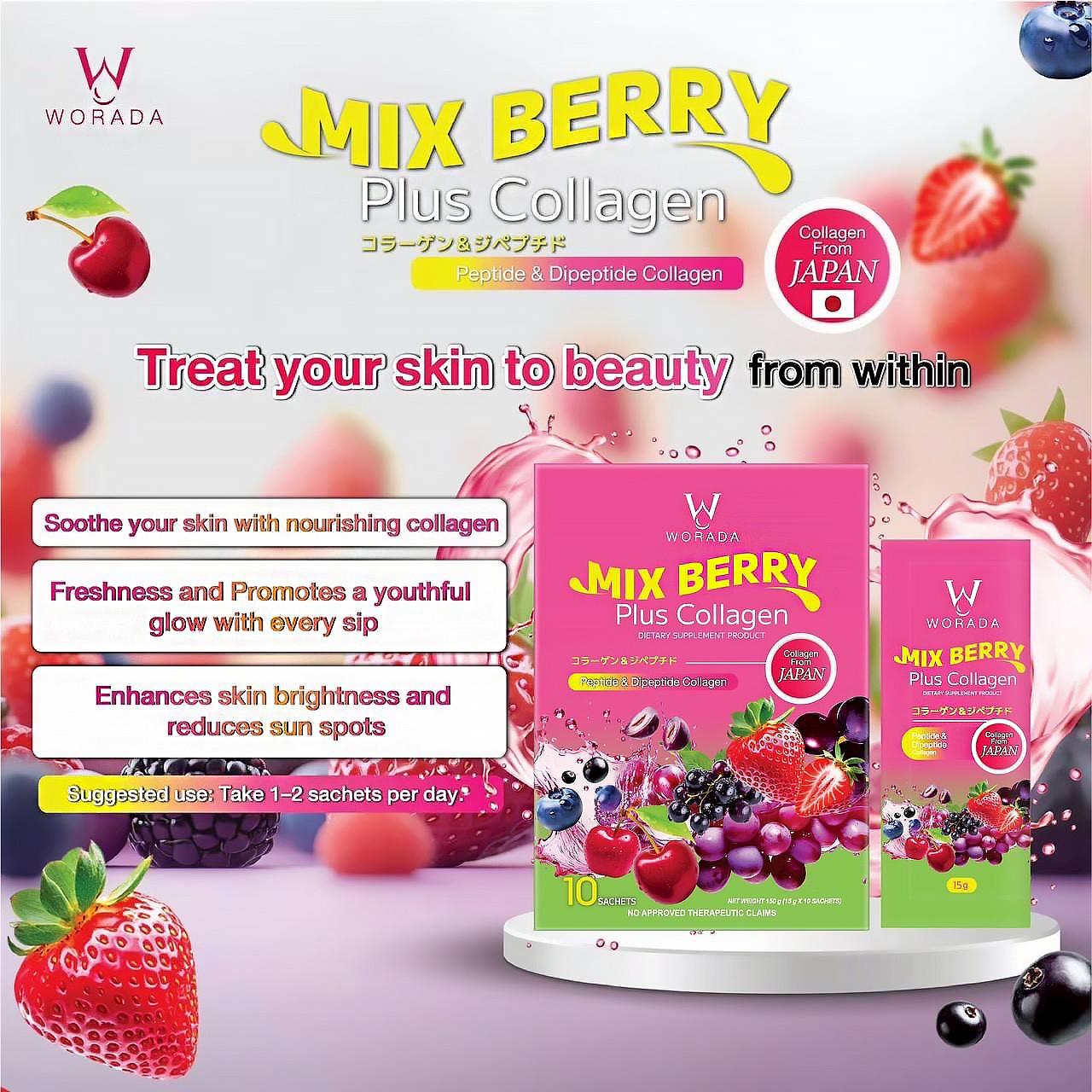 Worada New Japan Imported Collagen Peptide & Multi-Fruit Extract Supplement - Brightening & Firming, Deep Hydration, Fade Dark Spots, Improve Skin Elasticity, Mixed Berry Flavor, 10 Sachets - Dietary, Healthcare  Drink Beauty Edible
