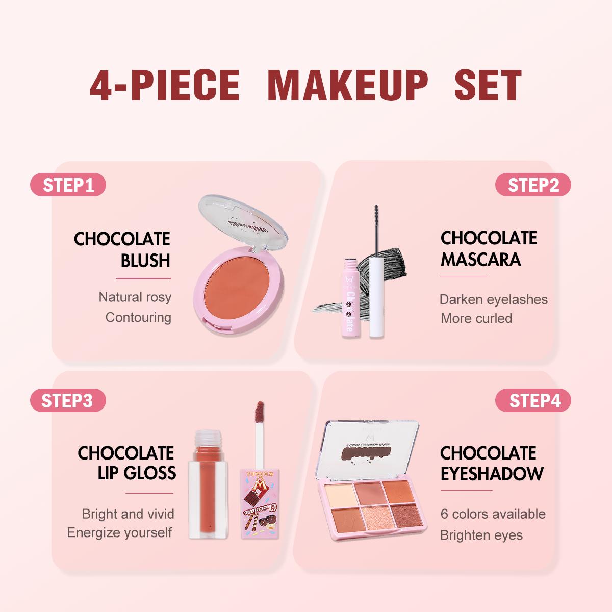 [FDA Approved] WORADA 4 in 1 Chocolate makeup set [eyeshadow 11g mascara 5ml lip gloss 4ml blush 5g] Flawless Makeup Cosmetic Suitable for all skin types mascara pallete make up face blush Eyeshadow lip gloss make up pallete lips  plant