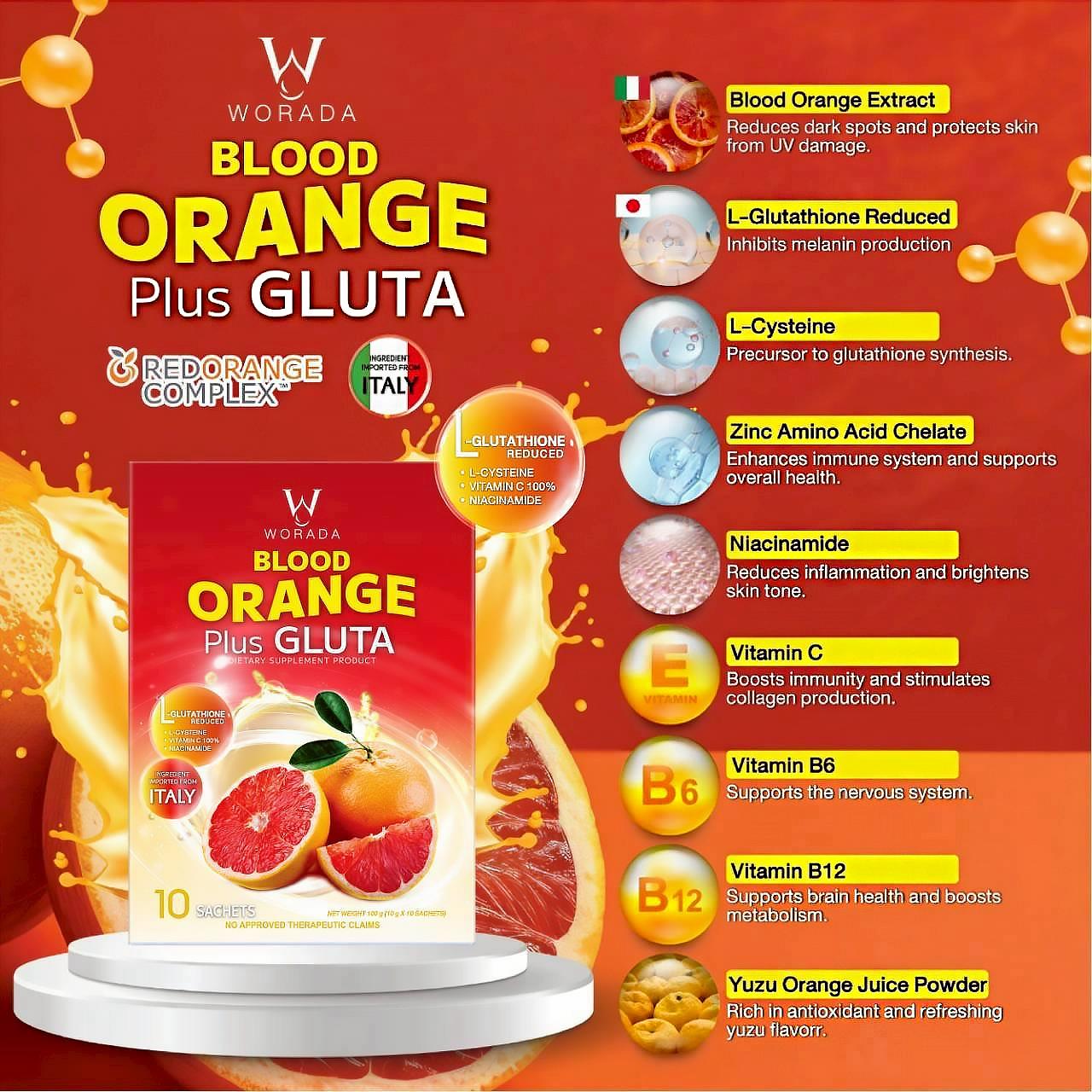 WORADA ITALY Imported Blood Orange Plus Gluta Glutathione Whitening Supplement Reveal Radiant Bright & Clear Skin from Within Premium Blood Orange Extract + Anti-Aging Detox & Inner Beauty Formula Dietary Italy Ingredients for Inner Beauty Formula Edible