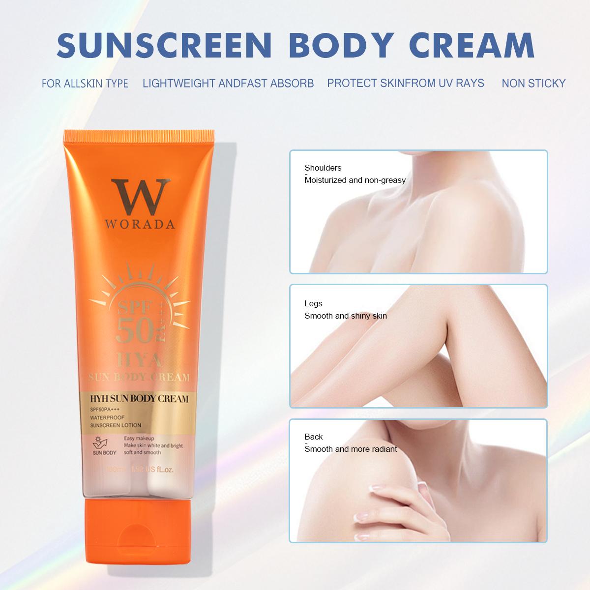 [FDA Approved] BUY 1 TAKE 1 WORADA HYA SUN BODY CREAM SPF50 Easy makeup Make skin white and bright soft and smooth WATERPOOF SUNSCREEN LOTION 100ML FOR All Skin Types Body Care Hydrating Waterproof Uv Pack Cosmetic Comfort Moisturizer Moisture Sunblock