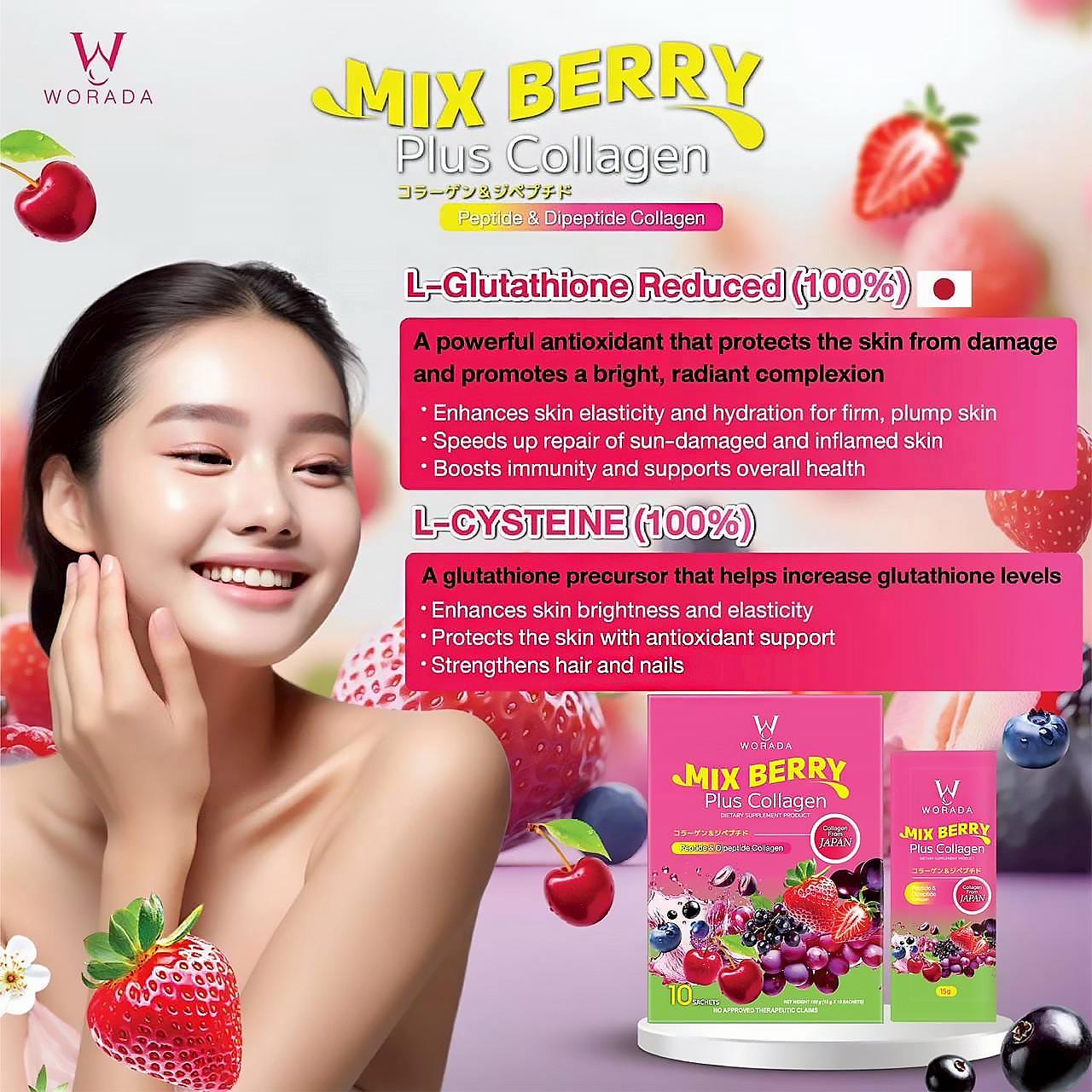 Worada New Japan Imported Collagen Peptide & Multi-Fruit Extract Supplement - Brightening & Firming, Deep Hydration, Fade Dark Spots, Improve Skin Elasticity, Mixed Berry Flavor, 10 Sachets - Dietary, Healthcare  Drink Beauty Edible