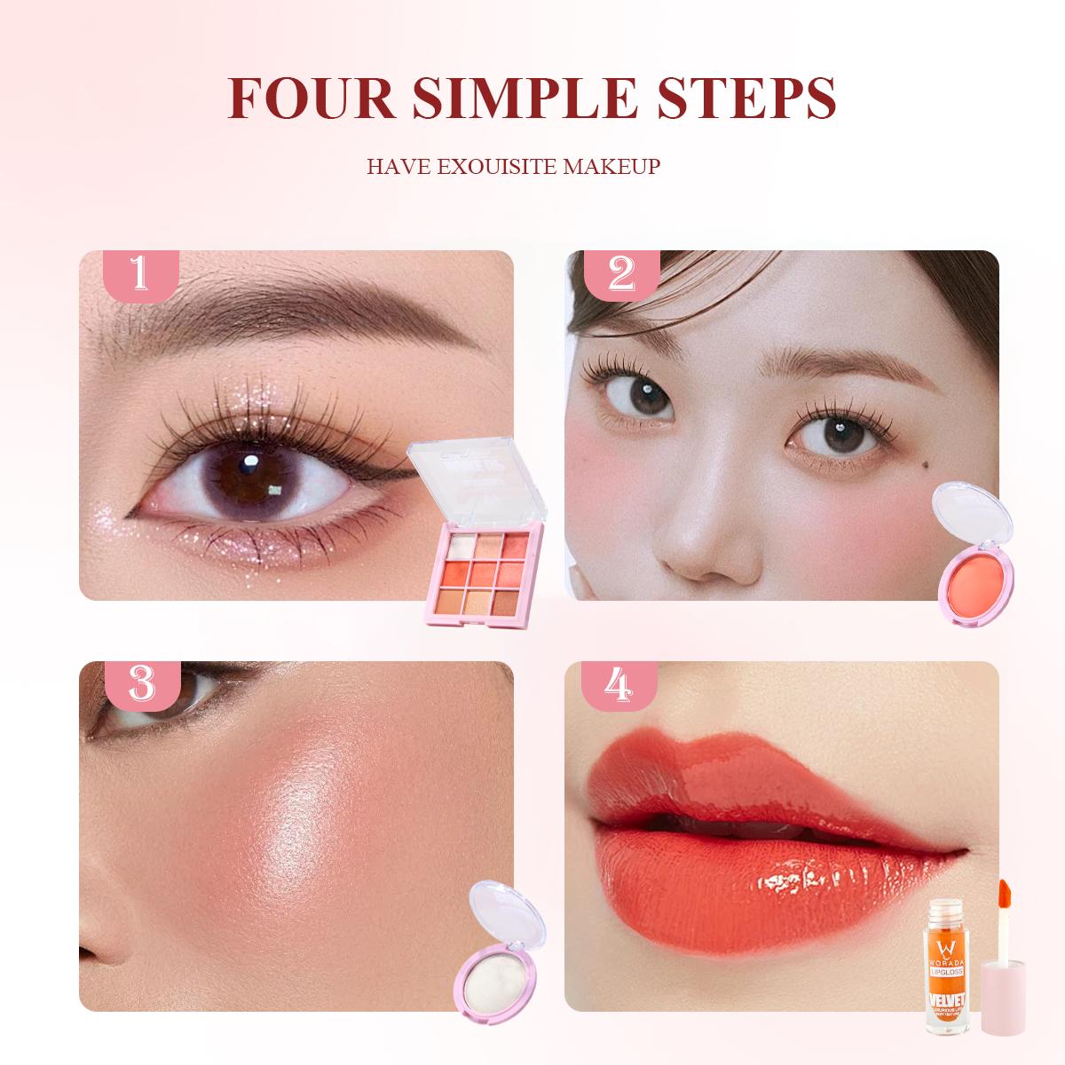 [FDA Approved] WORADA 4-piece makeup set high-color eyeshadow, matte lipstick, soft blush, fine shimmer highlighter Cosmetic